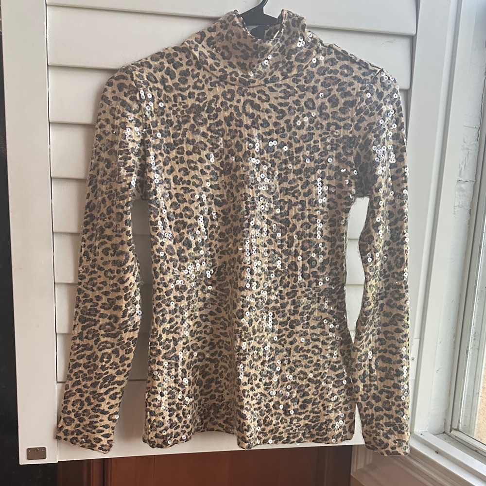 Boston Proper Leopard Print Sequin Turtleneck Blo… - image 2